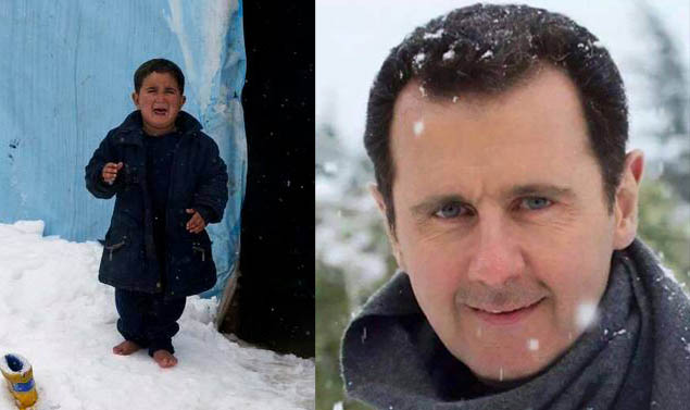 يبتسم للثلج واطفال سوريا يموتون برداً.. سوريون: من أي طينة خُلق بشار؟